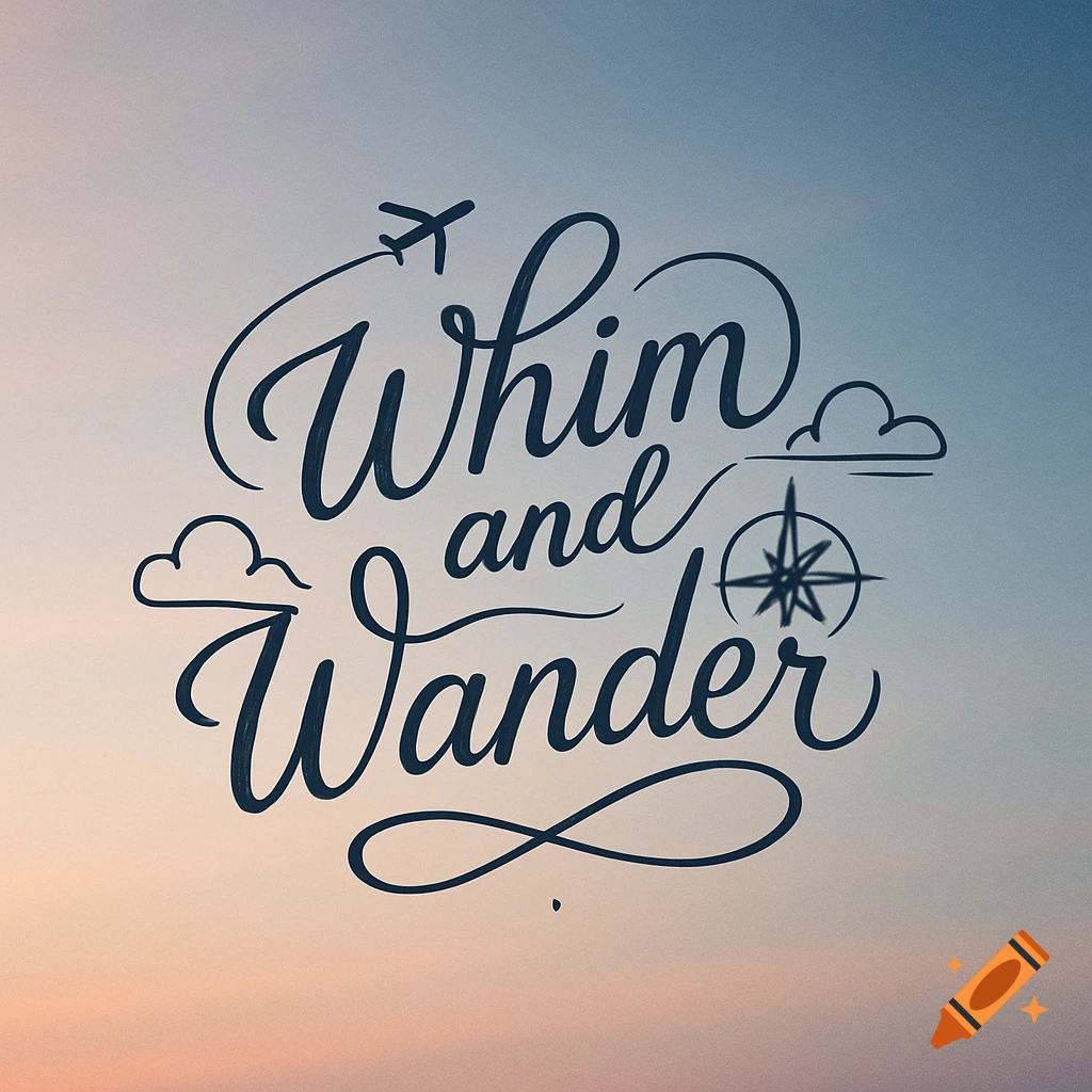 A travel blog logo with the words 'Whim and Wander' in a script font, featuring an airplane, clouds, and a compass rose on a blue and orange gradient background.