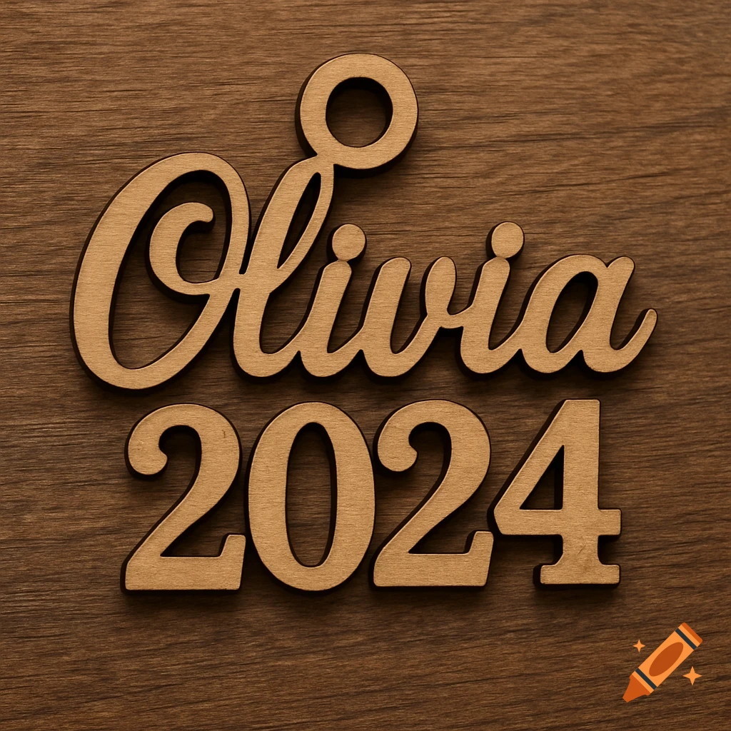 Laser-cut wooden text 'Olivia 2024' on a wooden surface.