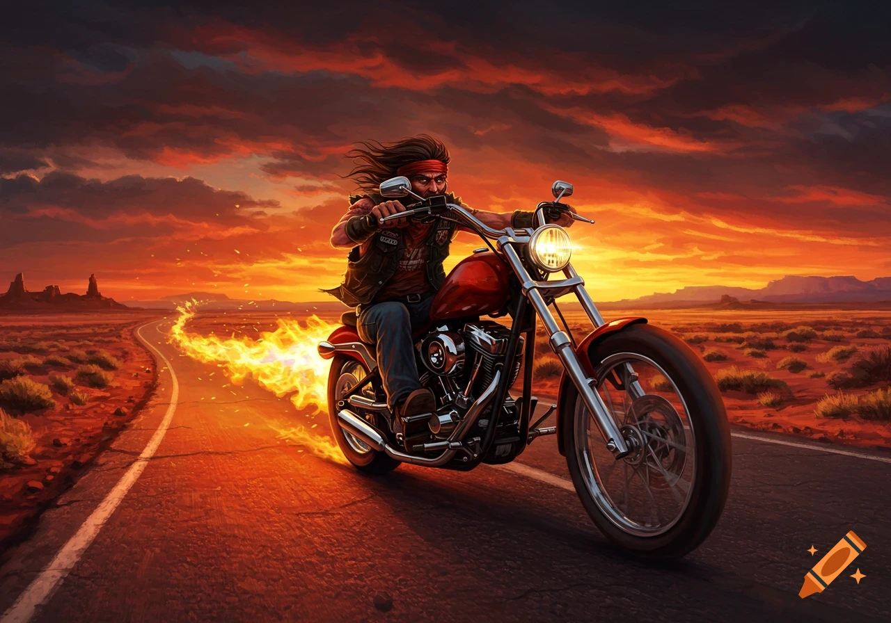 A wild biker on a red motorcycle with flames trailing, riding a desert road at sunset. Illustrated style.