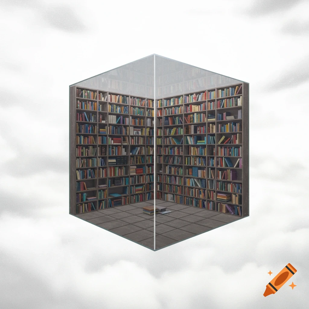 A glass cube containing library shelves filled with colorful books, floating in a cloudy white sky.