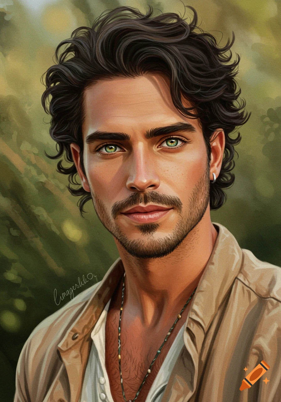Close-up digital portrait of a man with dark curly hair, green eyes, and a beard, wearing an open beige shirt, against a blurred green background.