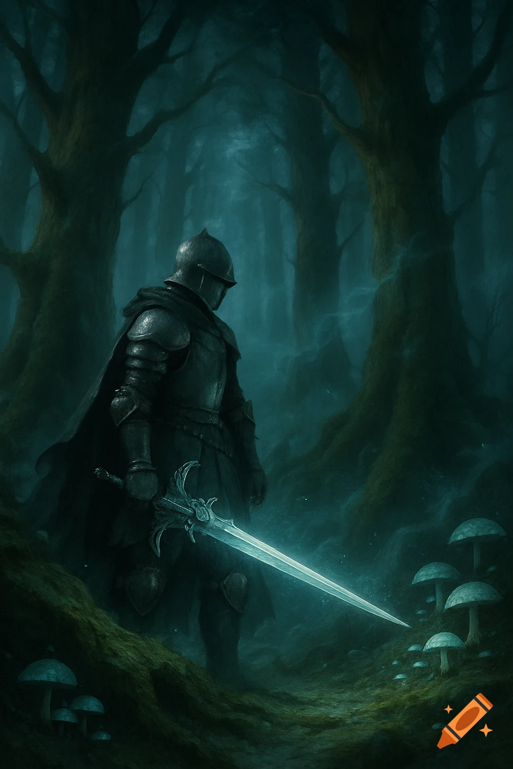 A dark knight in armor stands in a mystical, glowing forest holding a luminous sword, with glowing mushrooms on the mossy ground.