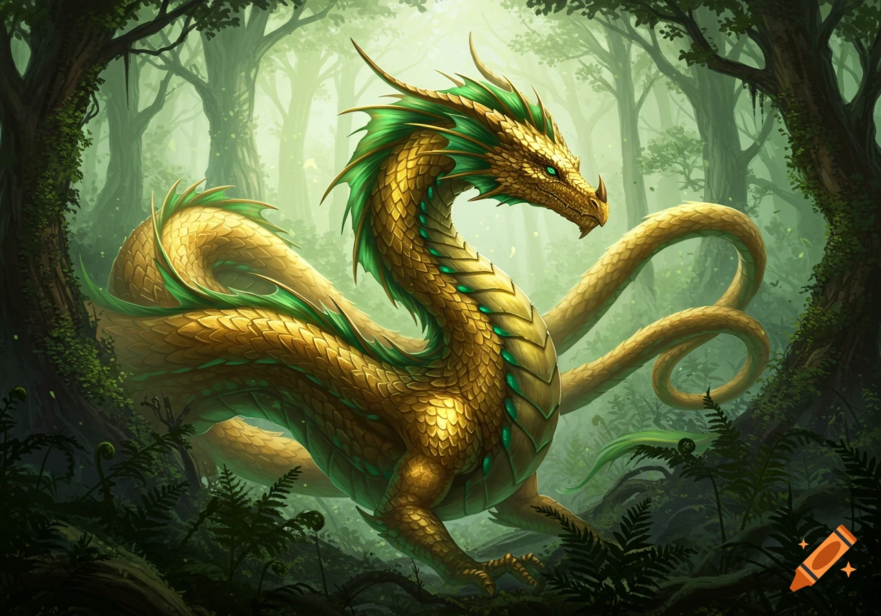 A majestic gold and green dragon stands in a lush, misty forest.
