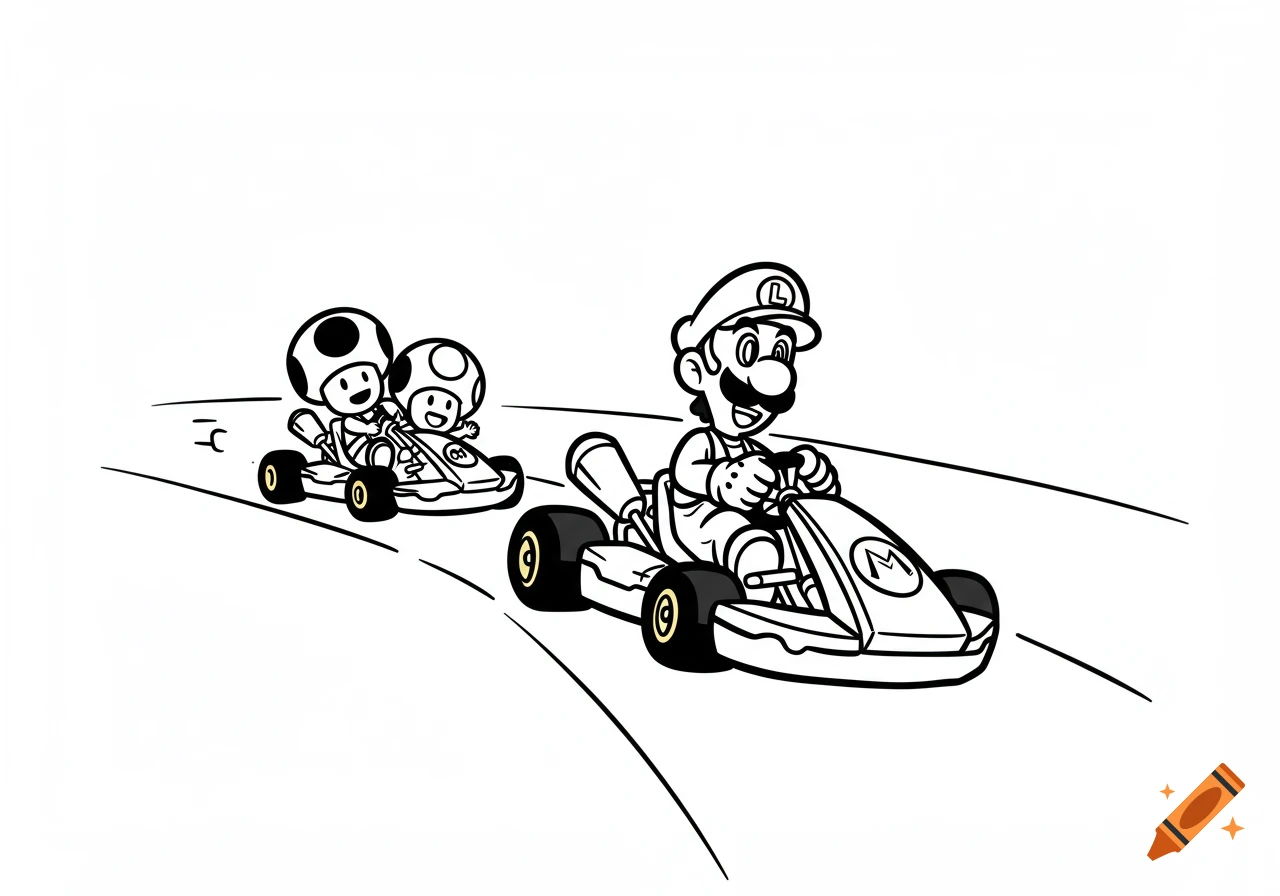 Black and white line art of Luigi racing a kart on a track, followed by two Toads in another kart.