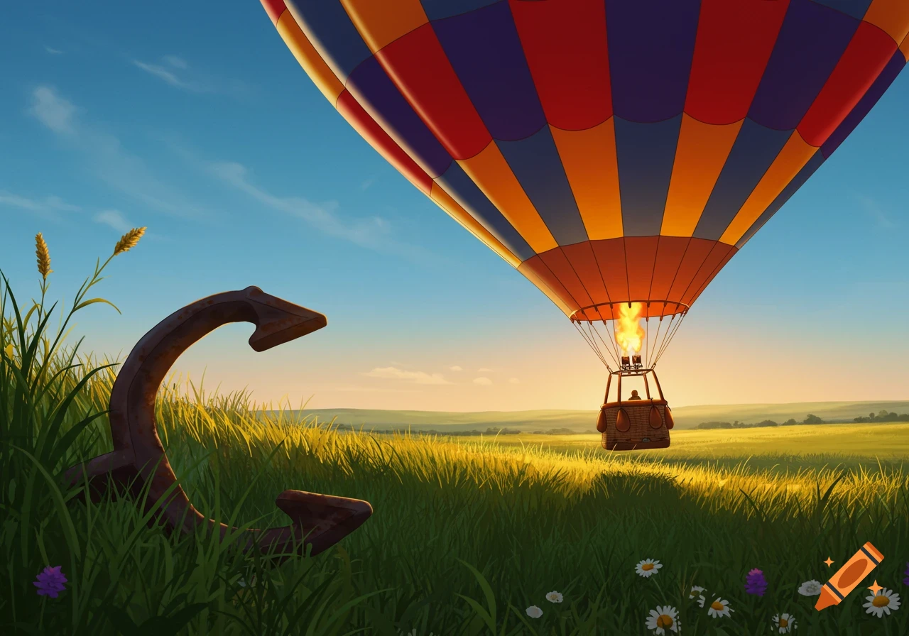 A colorful hot air balloon ascends from a vibrant green field with a large rusted anchor in the foreground under a bright blue sky.