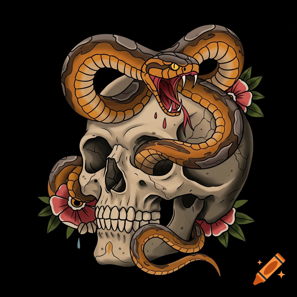 Traditional tattoo style art featuring an orange and brown snake with fangs dripping red venom, emerging from a tan skull's eye socket, surrounded by red flowers and green leaves.