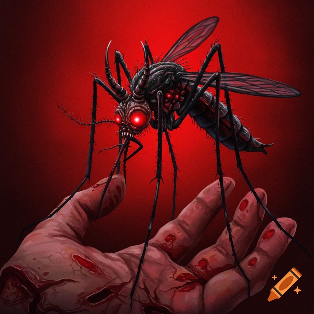A large, demonic mosquito with glowing red eyes sits on a bleeding human hand against a red background.