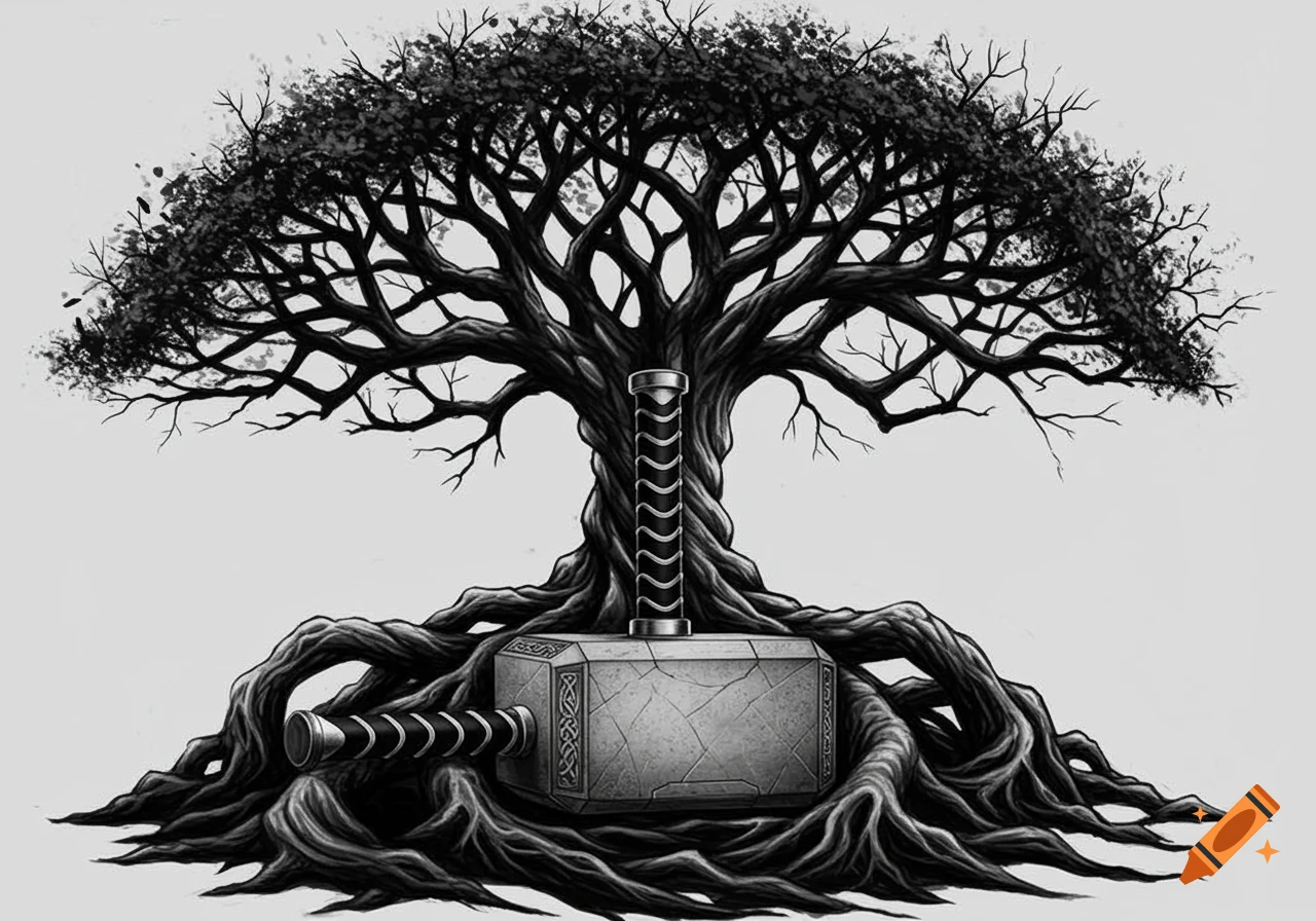 Black and white illustration of Thor's hammer Mjolnir rooted in the sprawling, dark branches and roots of Yggdrasil.