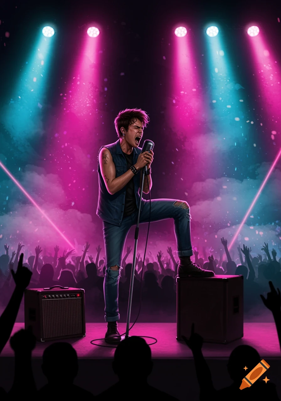 A male rock singer on stage, passionately singing into a microphone under bright pink and blue stage lights, with an excited audience in silhouette.