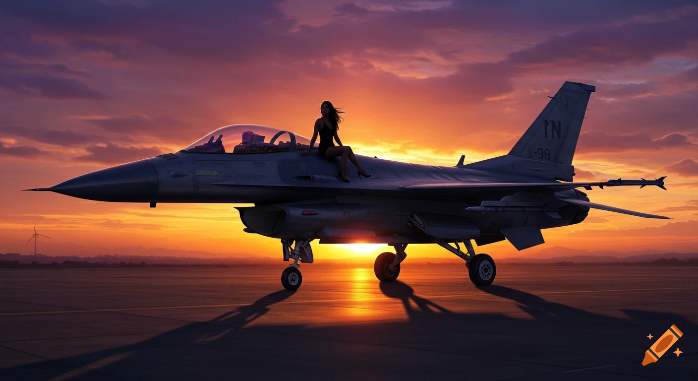 A woman sits on the wing of an F-16 fighter jet on a runway at sunset, with an orange and purple sky.