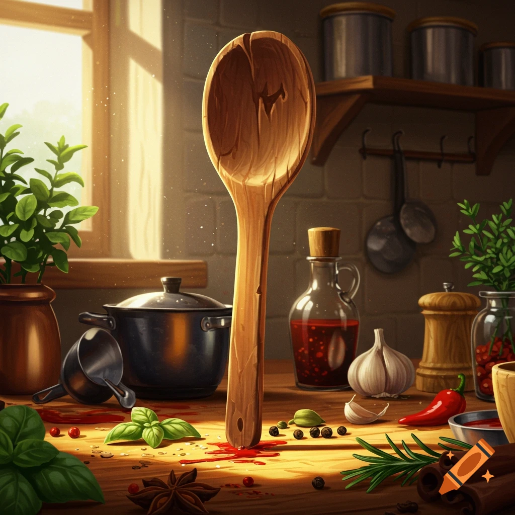 A large wooden spoon stands upright on a sunlit kitchen counter, surrounded by herbs, spices, cooking tools, and spilled red liquid.