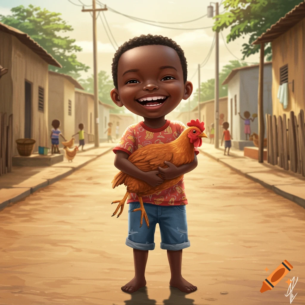 A smiling cartoon boy holds a chicken on a dirt road in a village.