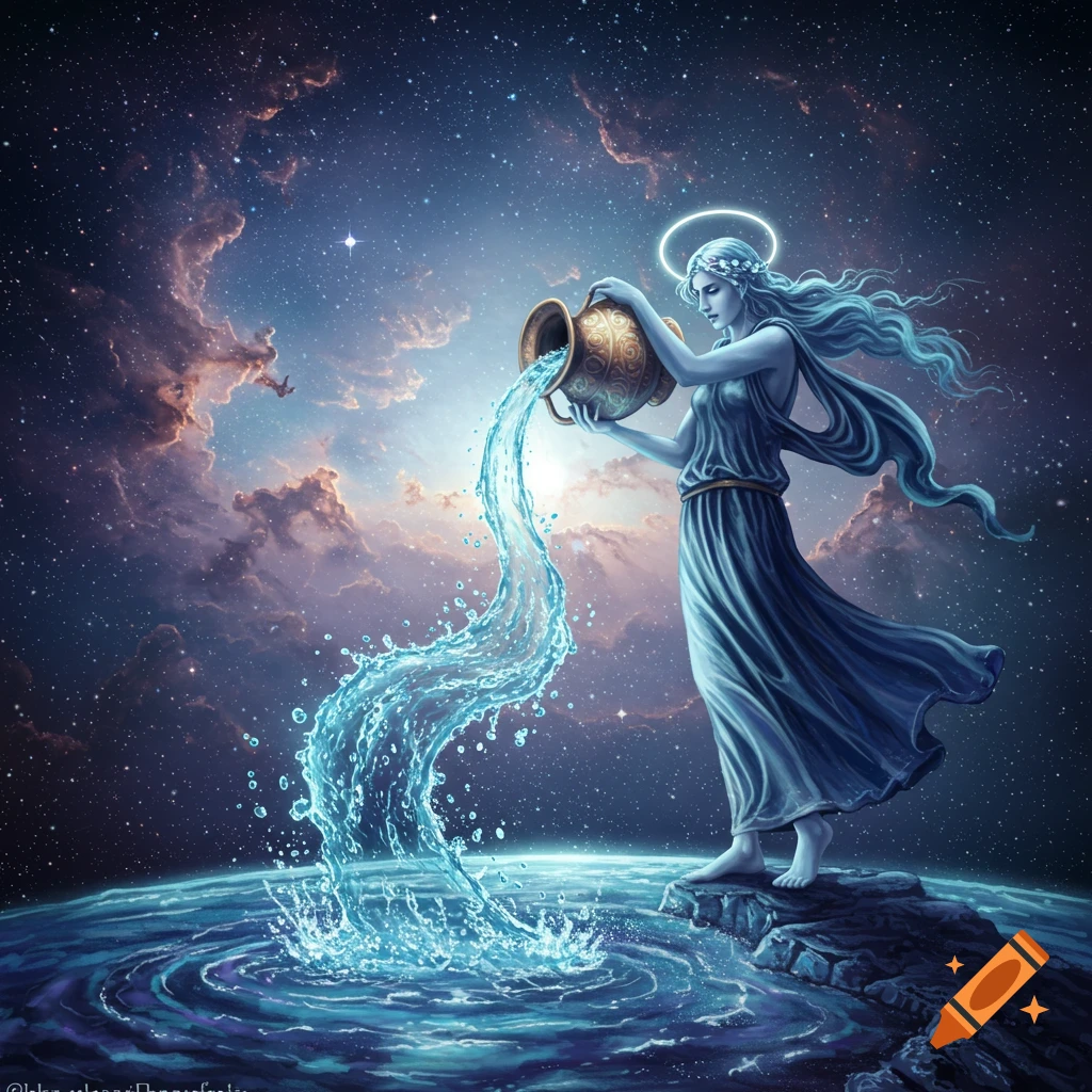 A mythical figure representing Aquarius, a woman with flowing hair and a halo, pours water from a jar into an ocean under a starry, cloudy sky.