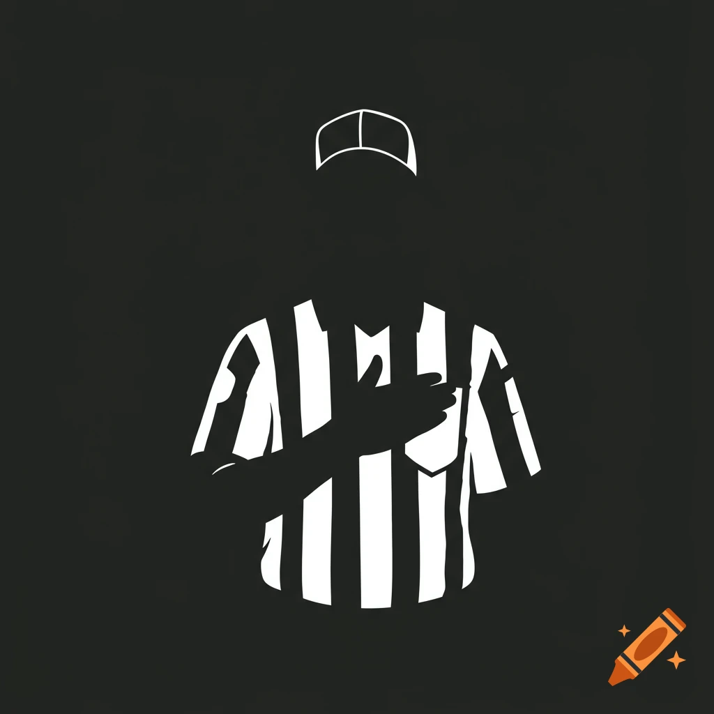 White-outlined silhouette of a football referee with a black-and-white striped shirt, a hat, and a hand over his heart on a black background.