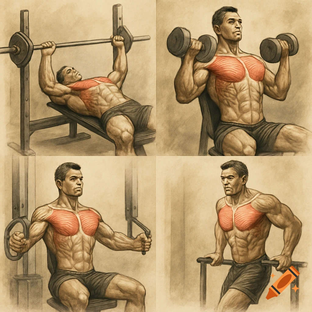 An illustration of a male bodybuilder performing four different chest exercises: bench press, dumbbell press, pec deck fly, and dips, with chest muscles highlighted in red.