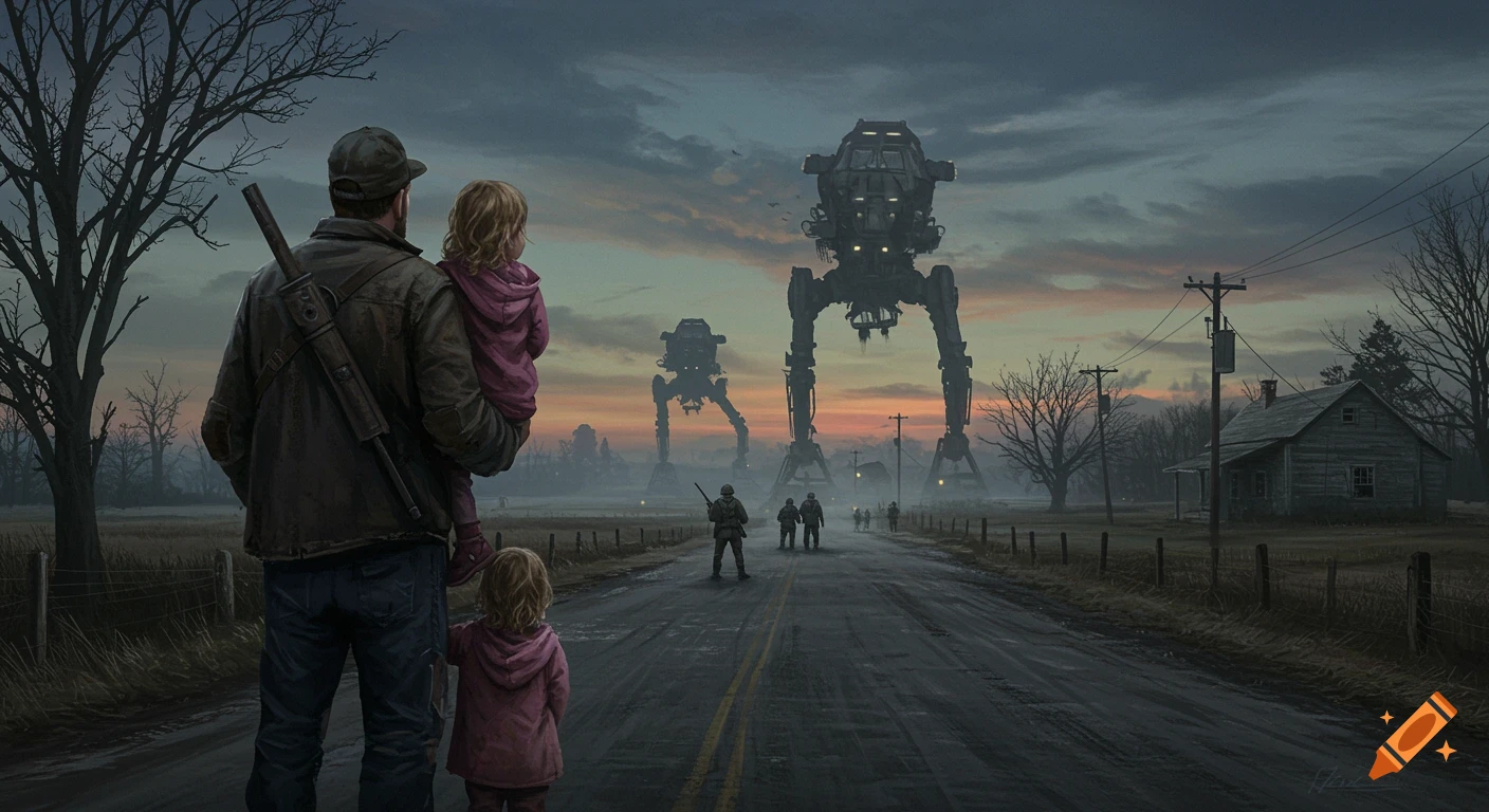 A father holds one child while another stands beside him, looking down a desolate rural road at soldiers and giant mechanical walkers at dusk. Digital painting.