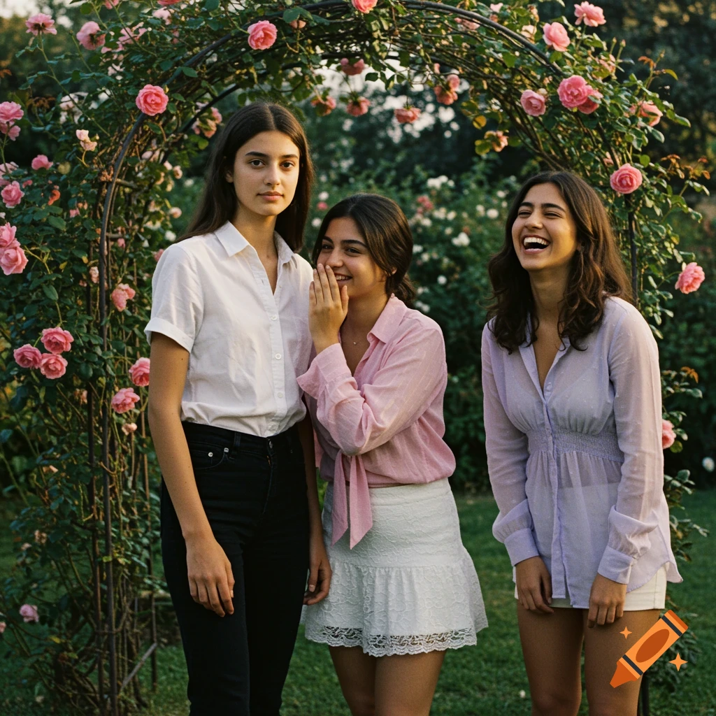 Three young women in a garden with a rose arch during golden hour. One whispers, another laughs, and the third stands solemnly. Photorealistic style.
