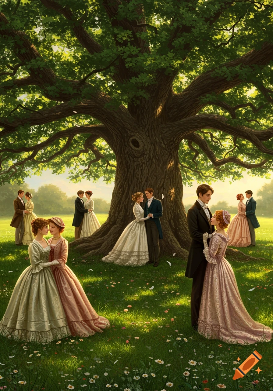 Multiple Victorian couples embrace under a large, leafy oak tree in a sunlit park, with flowers in the foreground. Painterly style.