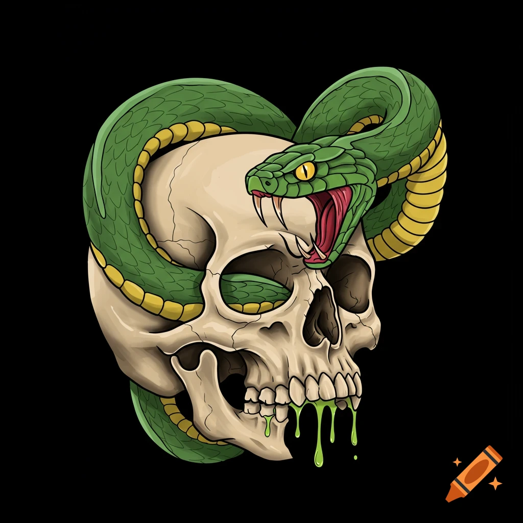 A stylized tattoo-style illustration of a beige skull with a green snake wrapped around it, its mouth open, dripping green venom.