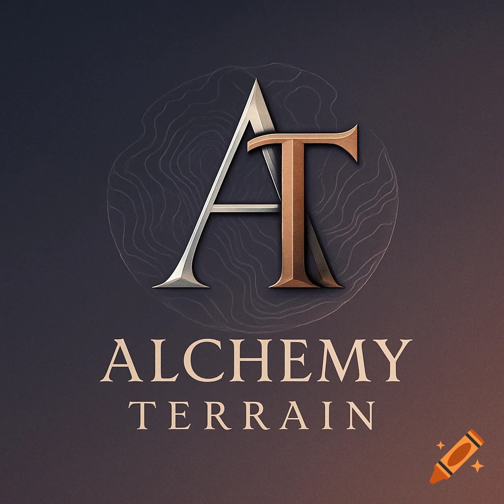 A sleek logo with silver A and bronze T initials, above the words 'ALCHEMY TERRAIN' on a dark background.