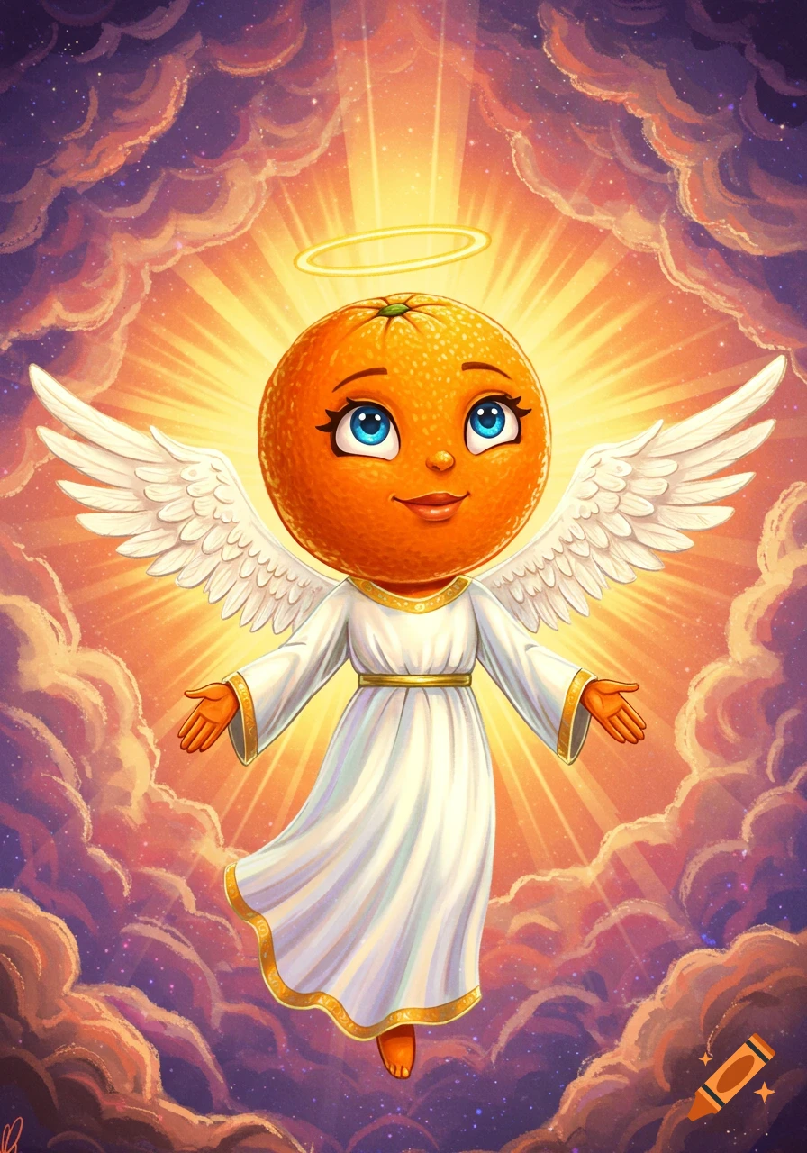Cartoon orange character with angel wings and halo in a white robe, floating in a bright, cloudy, celestial sky.