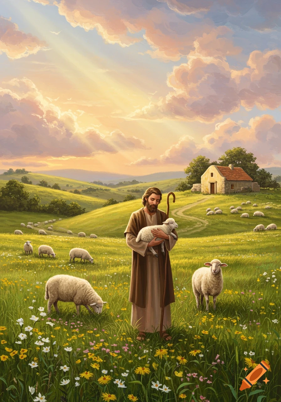 A serene painting of a shepherd holding a lamb in a field of wildflowers with sheep grazing on rolling hills under a vibrant sunset sky.