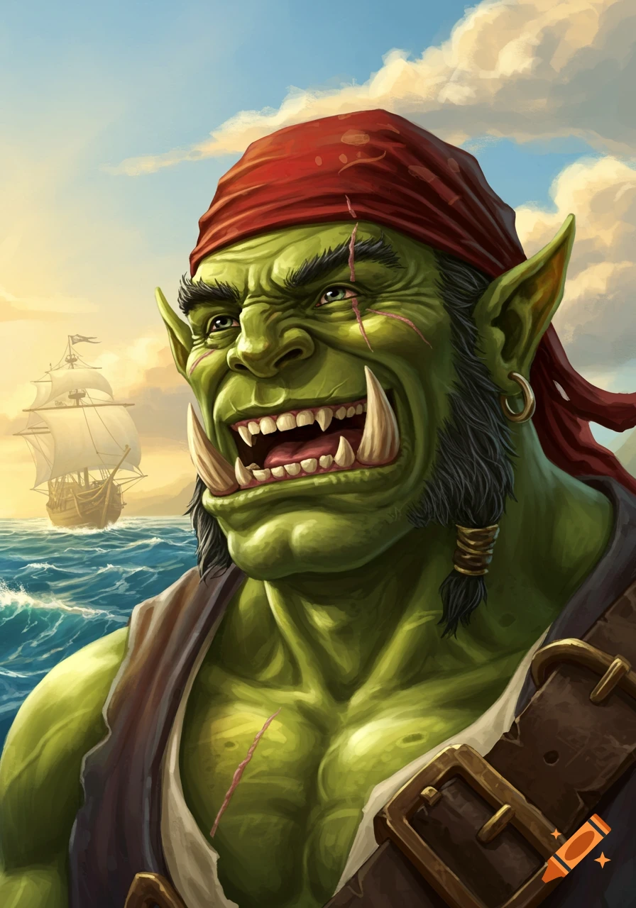 Illustrated portrait of a laughing green orc pirate with a red bandana looking at a ship on the ocean.