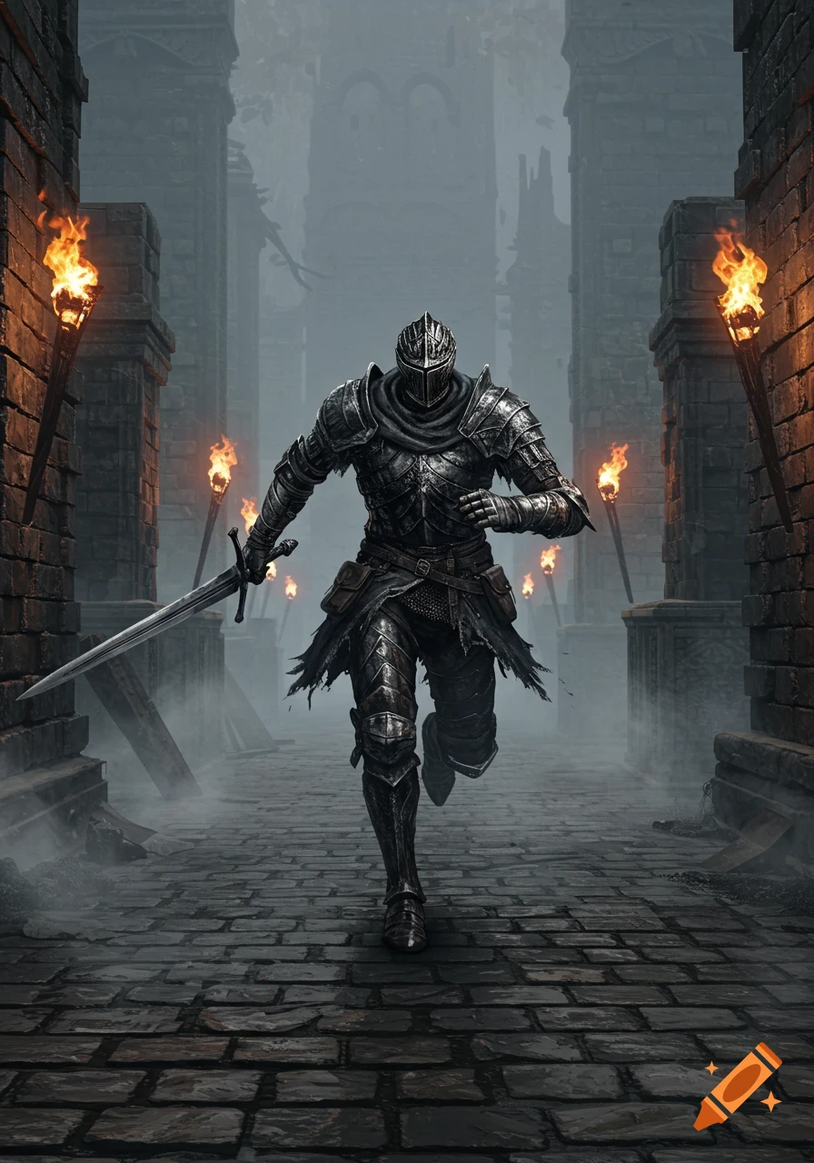 A knight in dark armor runs with a sword through a misty, torch-lit stone corridor in a dark castle.