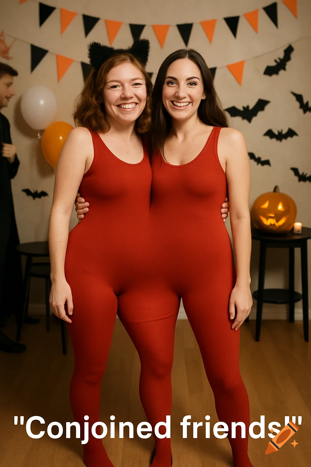Two smiling women in a shared red conjoined costume at a Halloween party.