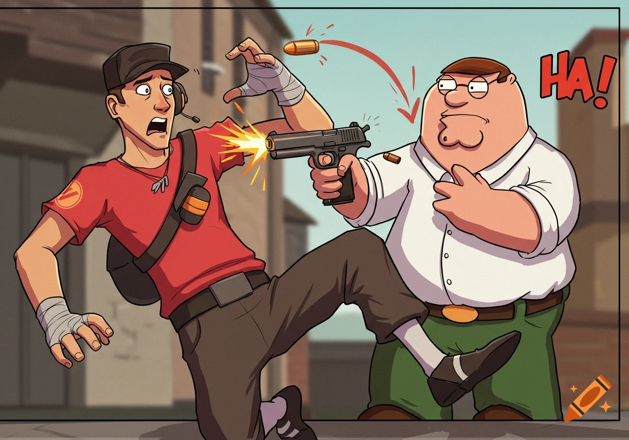 Scout from TF2 recoils as Peter Griffin from Family Guy shoots him with a pistol, exclaiming 'HA!' in a cartoon style.
