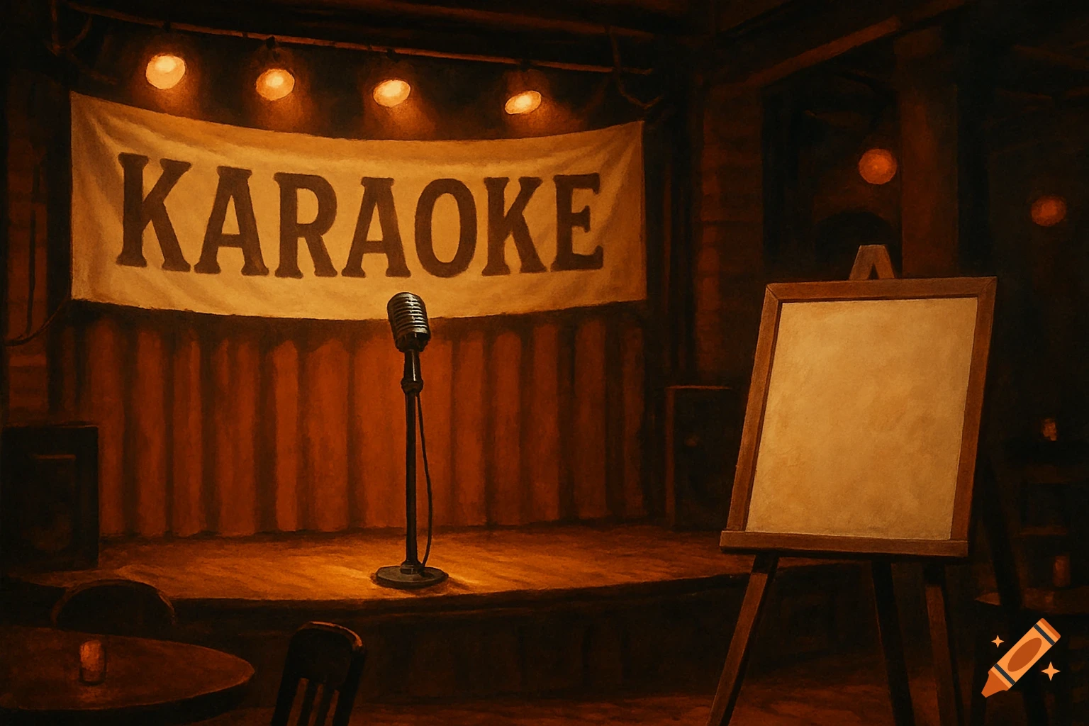 A dimly lit karaoke stage in a bar with a microphone, an empty easel, and a 'KARAOKE' banner.