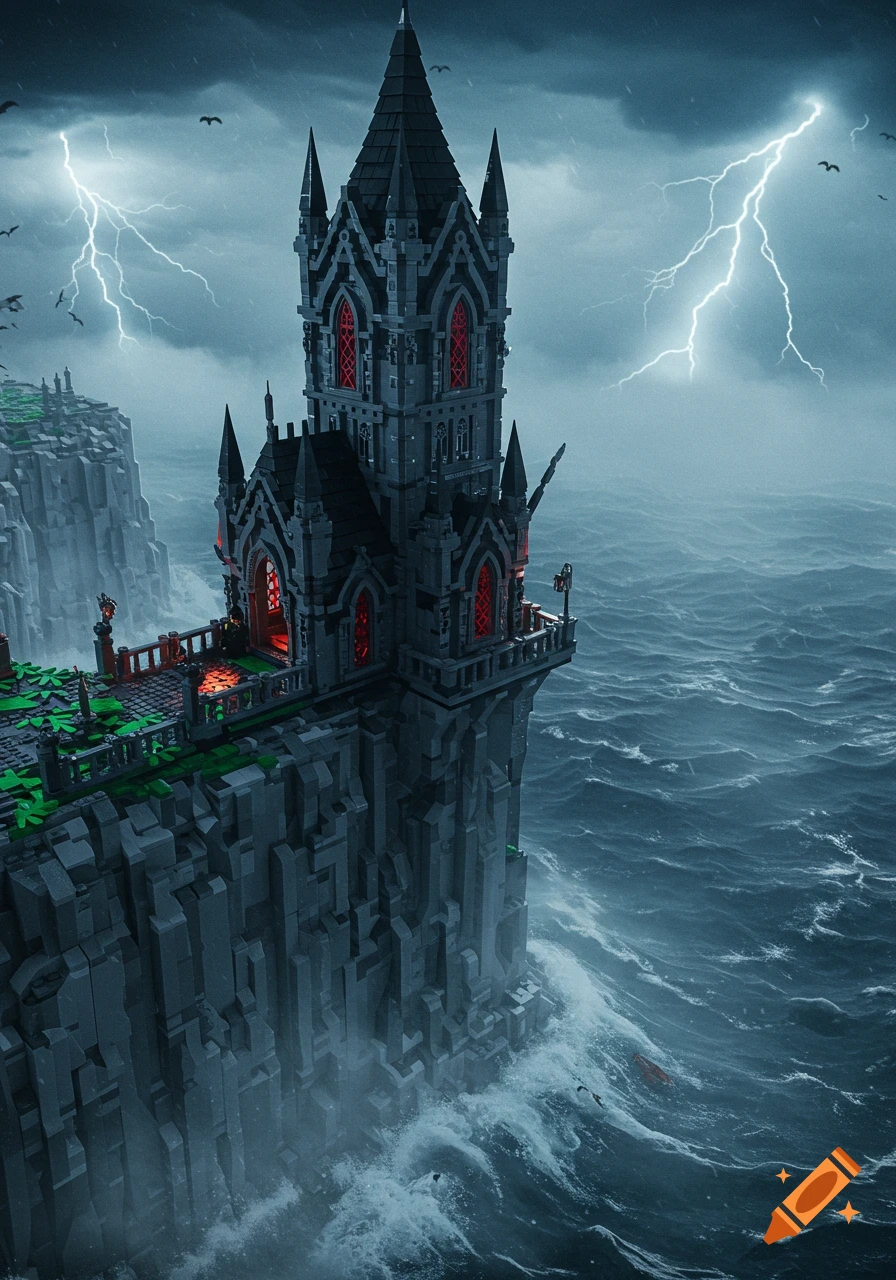 A Lego-style dark castle stands atop a stormy cliff with lightning striking the sky above rough seas.