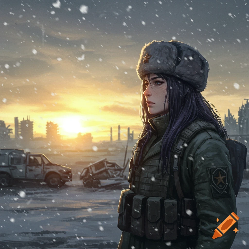 Anime-style female soldier in a winter uniform and fur hat stands in a snowy, ruined city at sunset.