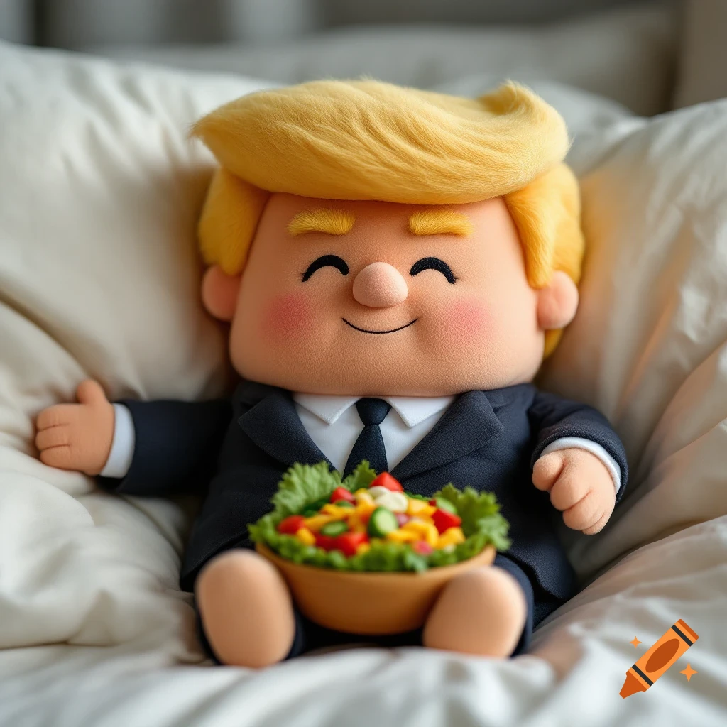 A cute, smiling Donald Trump plushie sits on a bed, holding a small bowl of salad.