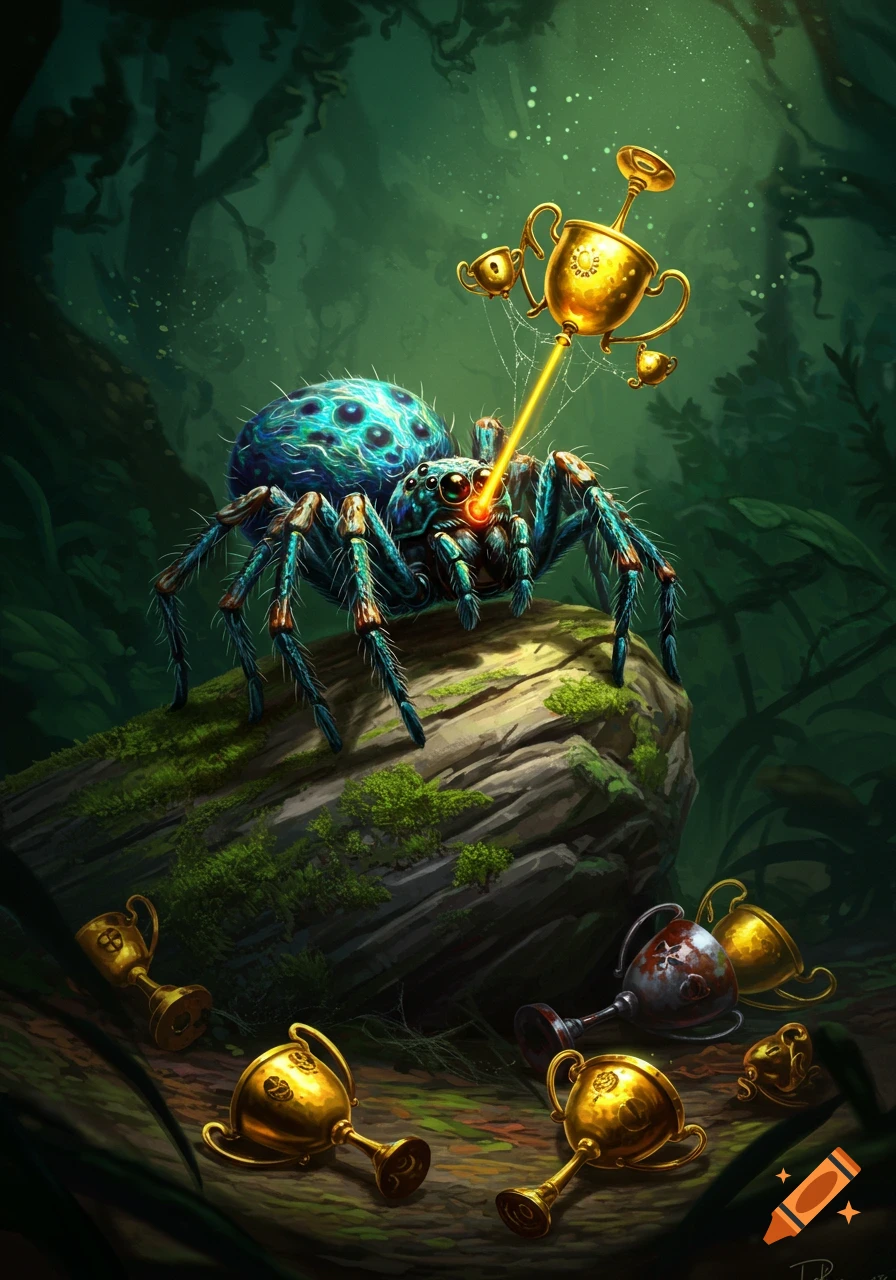 A blue and green fantasy spider with glowing red eyes shoots a golden trophy with a laser beam in a dark jungle, surrounded by fallen golden trophies.