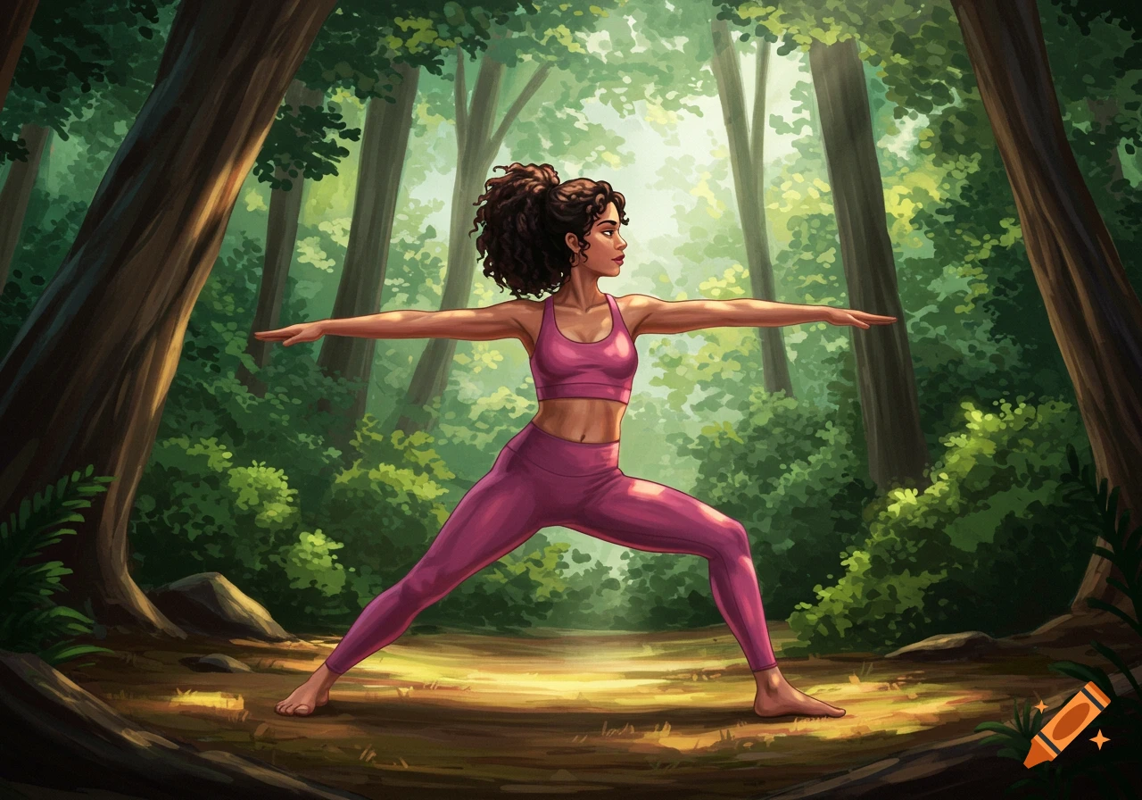 A woman doing a yoga pose in a lush forest with sun rays. Illustration style.
