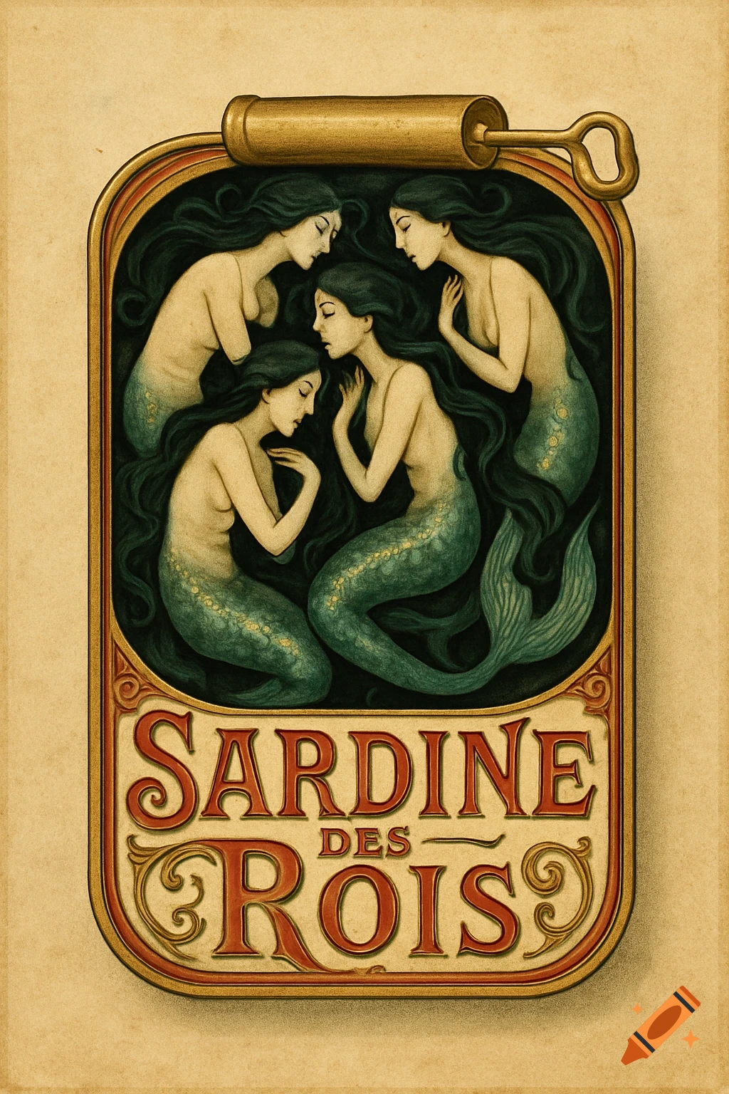 Four elegant art nouveau mermaids with flowing hair and shimmering tails curl inside a vintage sardine can labeled 'Sardine Des Rois' on aged paper.