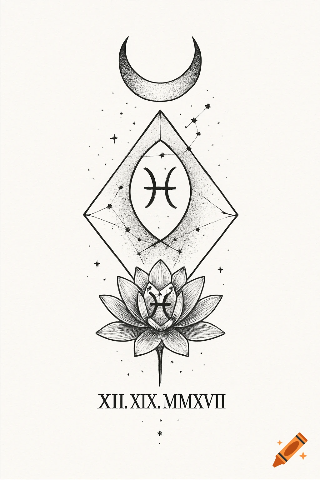 Black and white tattoo design with a crescent moon, Pisces symbol, constellation, lotus flower, and Roman numerals.
