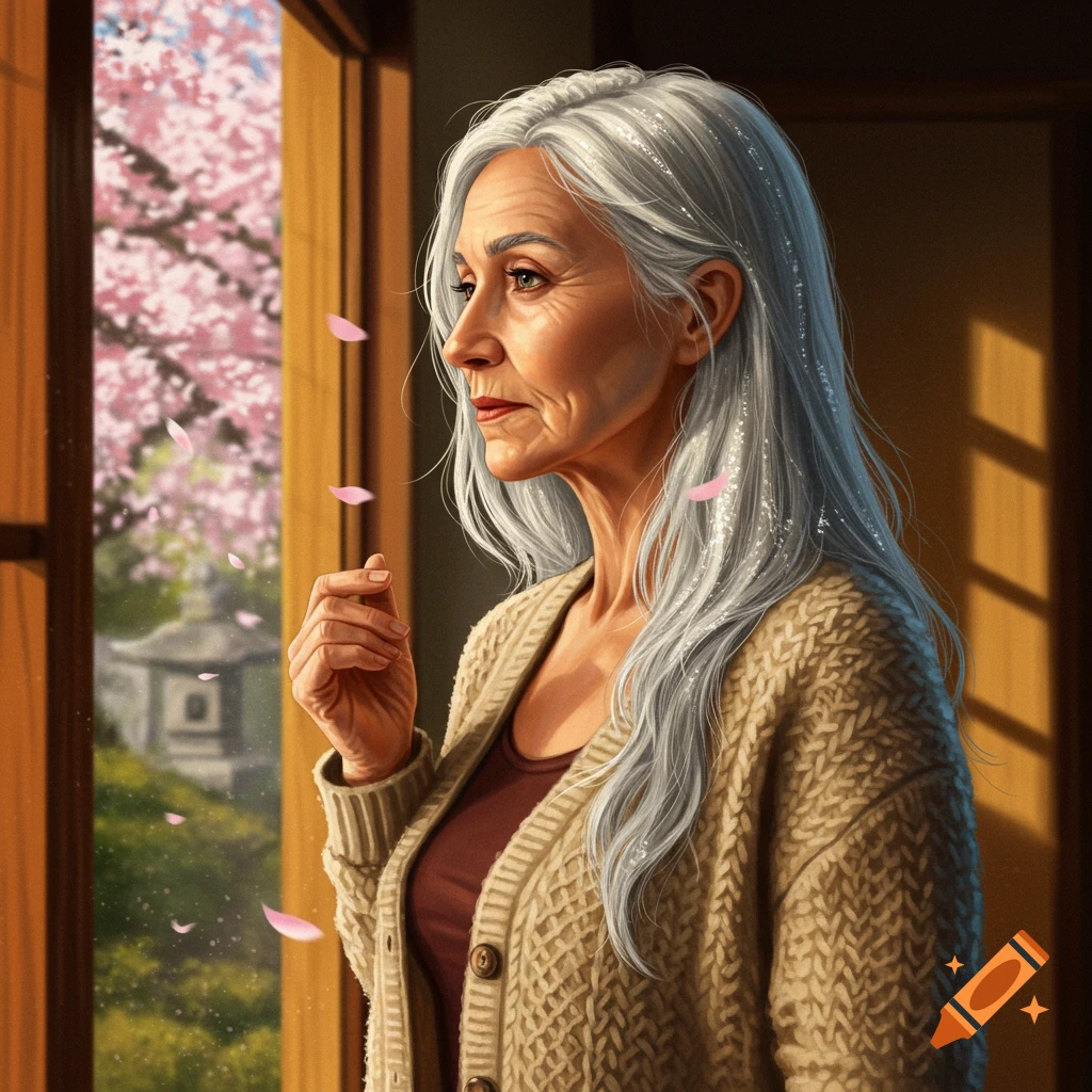 An older woman with long white hair looks out a window at blooming cherry blossoms and falling petals in a realistic illustration style.