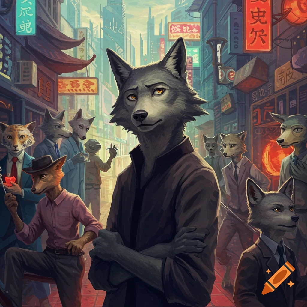 Anthropomorphic wolves and other animals in suits on a bustling city street with neon signs, in an anime style.