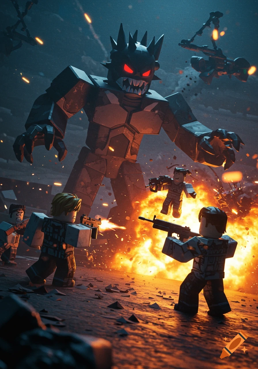Roblox-style blocky characters battling a giant monster amidst explosions and gunfire in a dark, stylized scene.