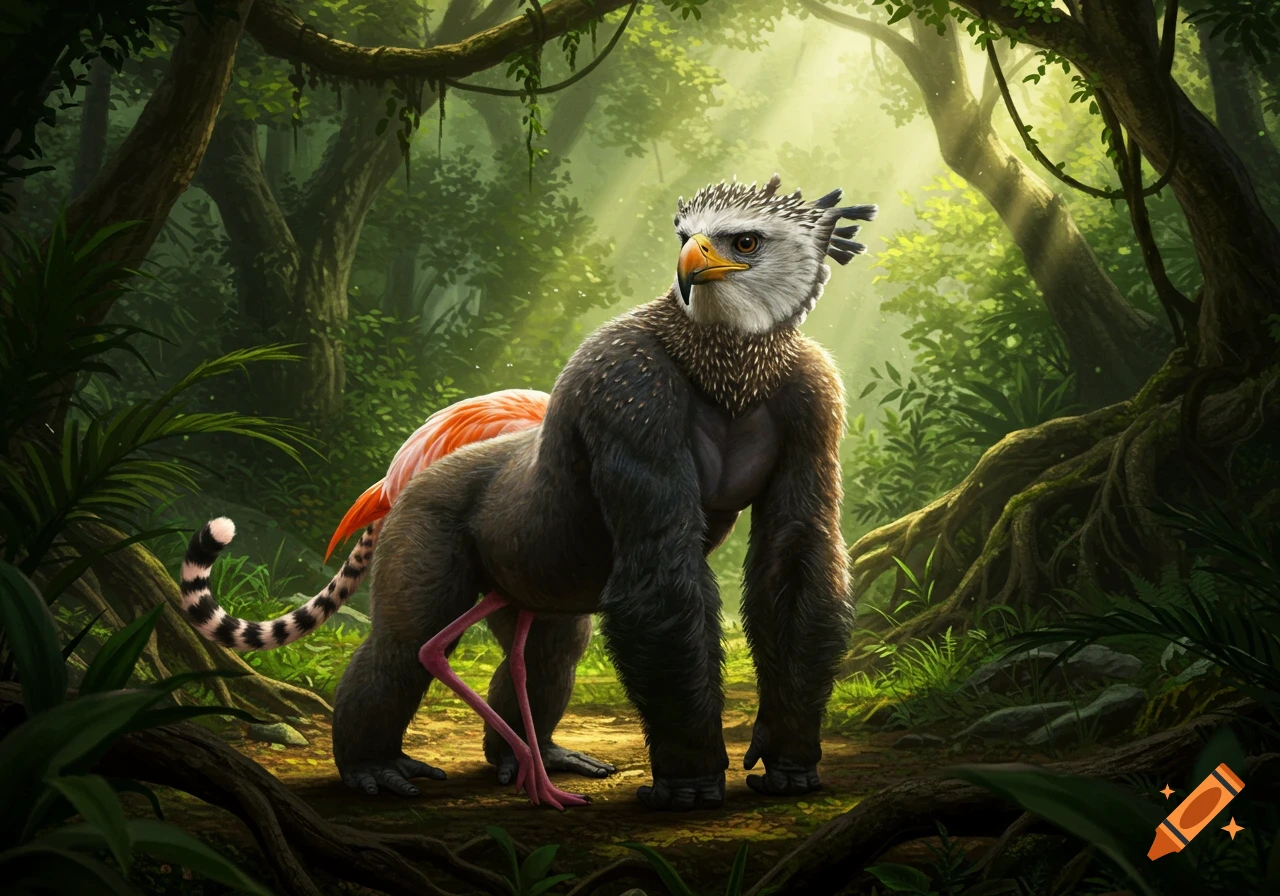 A fantastical creature with a harpy eagle head, gorilla body, flamingo legs, and a striped tail stands in a lush, sunlit jungle.