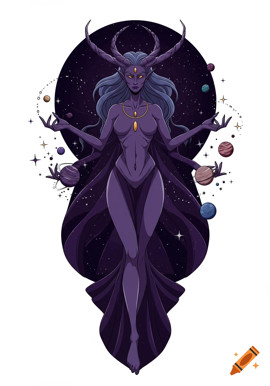 Stylized illustration of a purple cosmic goddess with horns and multiple arms holding planets and stars against a dark, starry background.