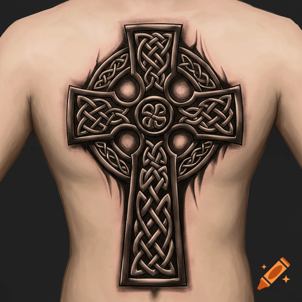 A large detailed Celtic cross tattoo on a person's upper back with dark shading.
