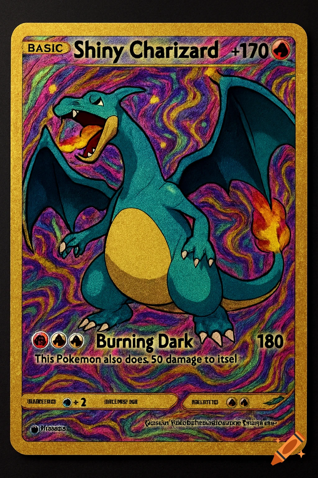 A shiny Charizard Pokémon card with a blue-green Charizard against a swirling psychedelic background. The card has a gold border.