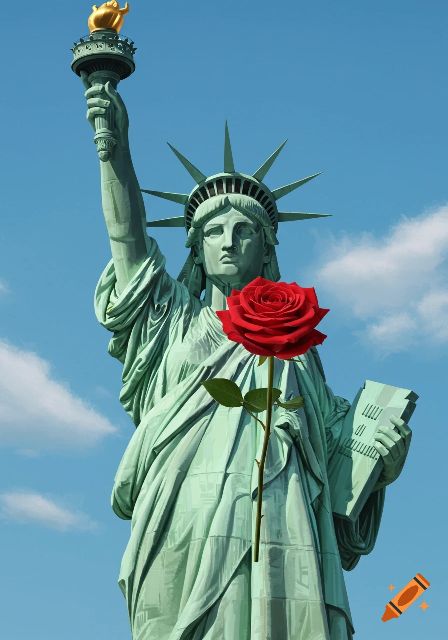 Statue of Liberty holding a large red rose against a blue sky with clouds. The statue is green with a golden torch.