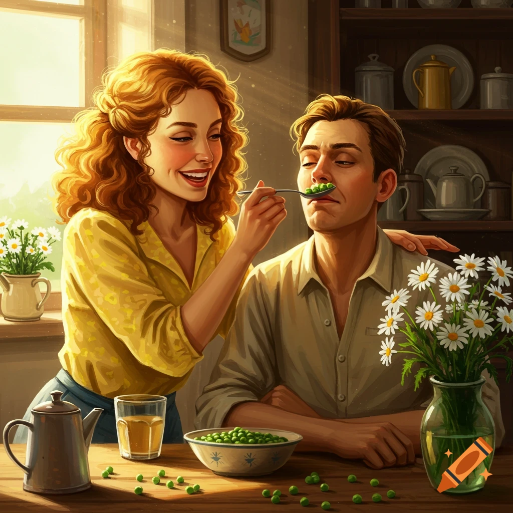 A smiling woman feeds peas to a man with a spoon in a sunlit kitchen, a bowl of peas and daisies on the table.