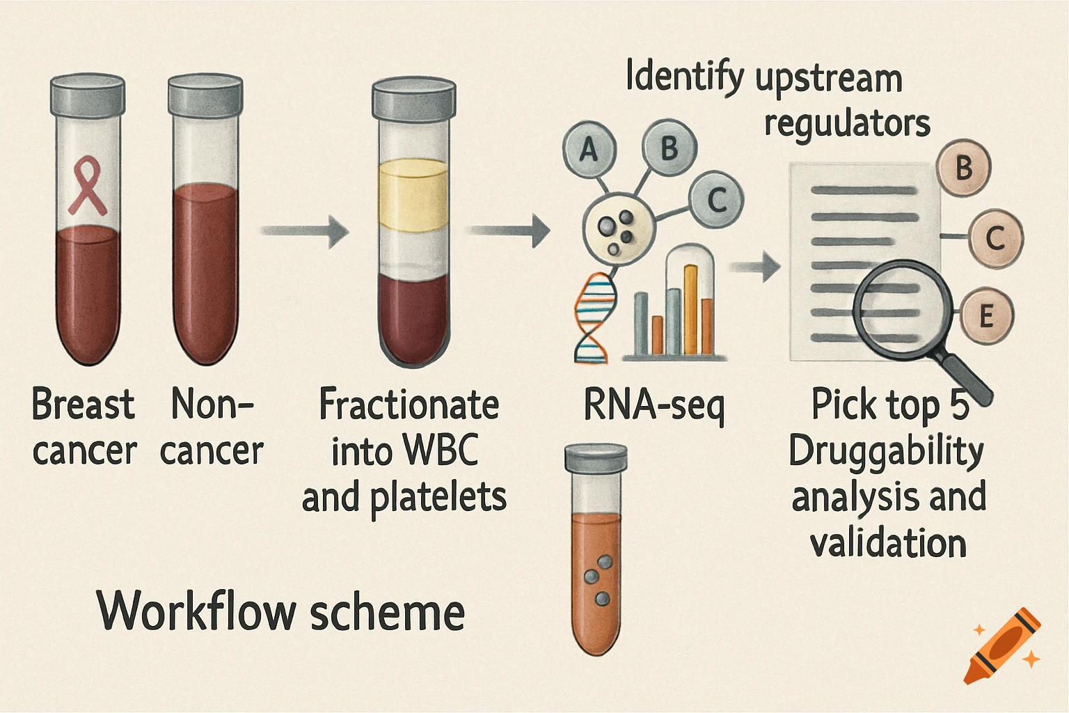 A scientific workflow diagram illustrating steps from blood samples of breast cancer and non-cancer patients, through fractionation, RNA-seq, and identification of upstream regulators for druggability analysis.