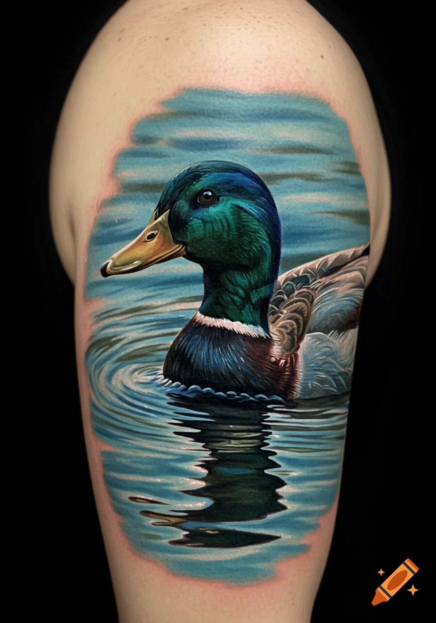 Photorealistic tattoo of a vibrant mallard duck swimming in rippling water on a person's upper arm.