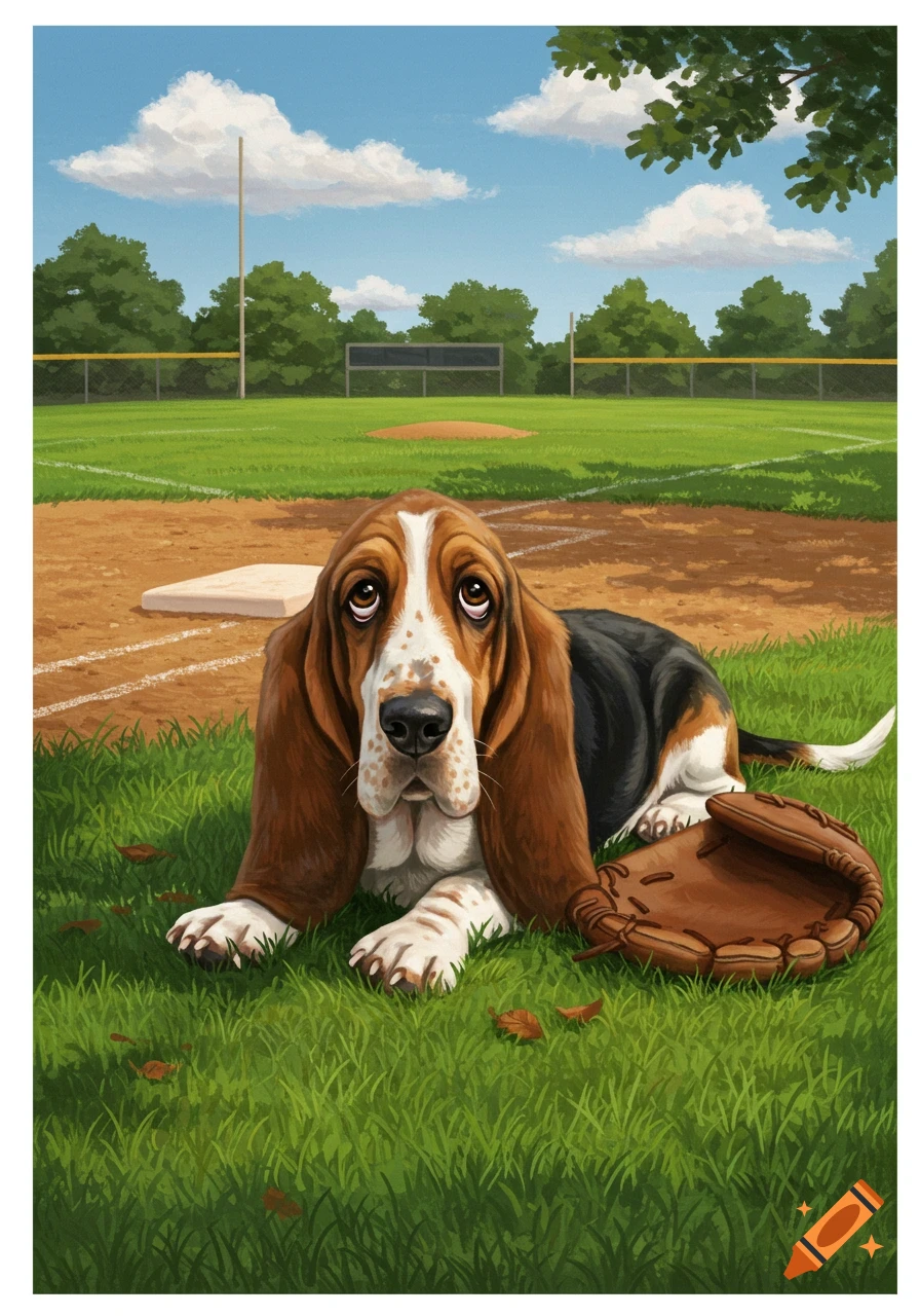 A basset hound lies on the green grass of a baseball field next to a brown baseball glove, with a base behind it.